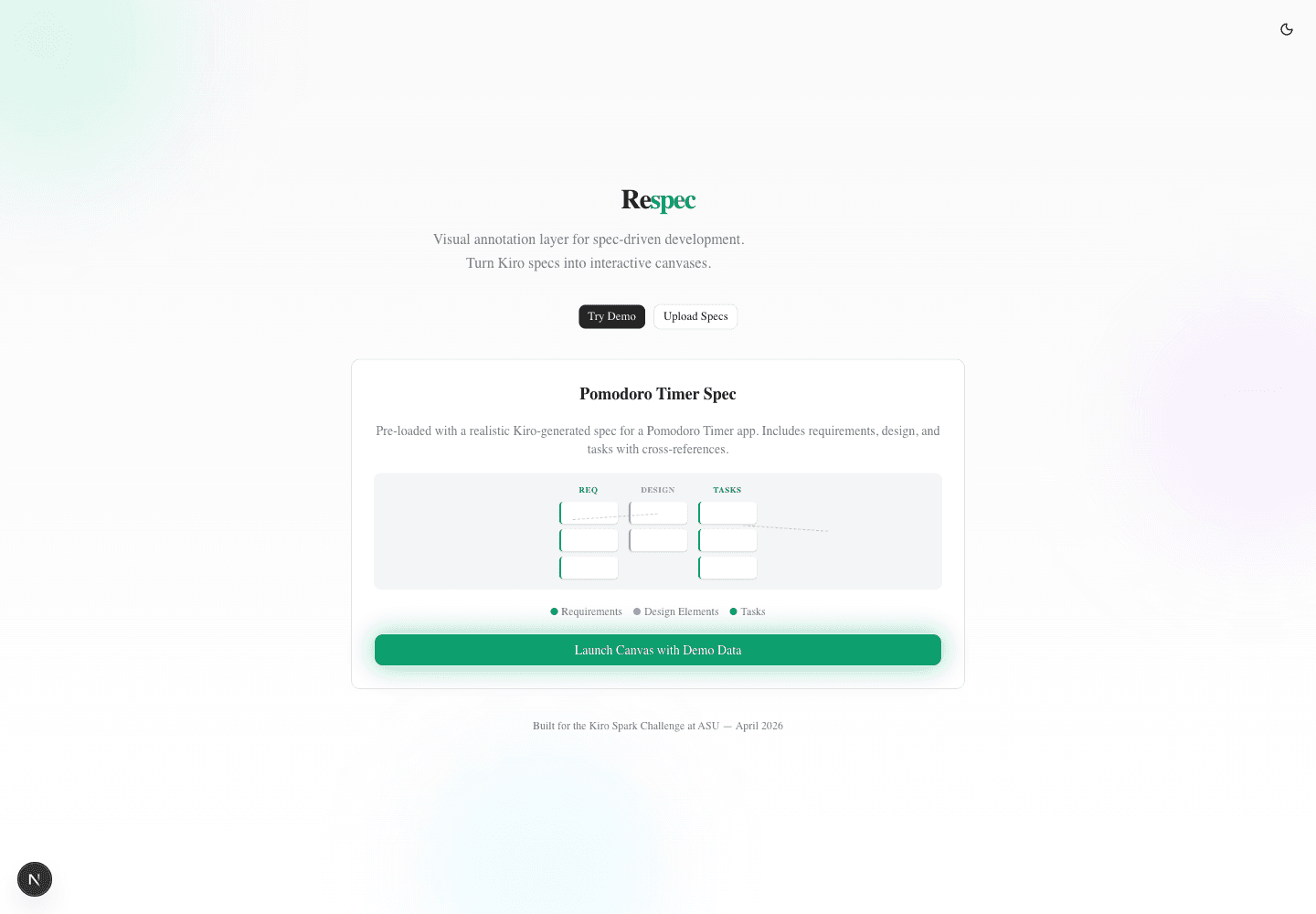 Respec landing screen where you pick a sample spec or paste your own